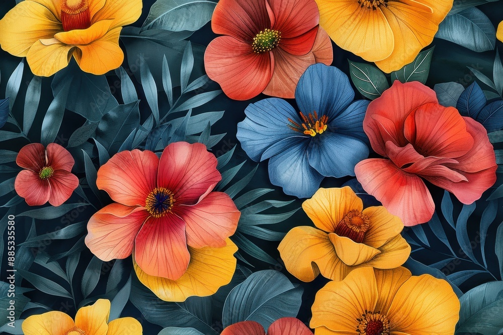 Tropical Flower Arrangement with Blue, Red, and Yellow Blossoms Tropical Flower Arrangement with Blue, Red, and Yellow Blossoms