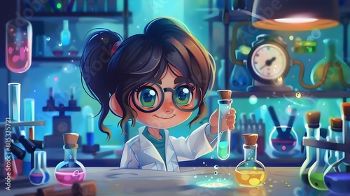 Chibi Scientist Conducting Colorful Laboratory Experiment with Bubbling Liquid