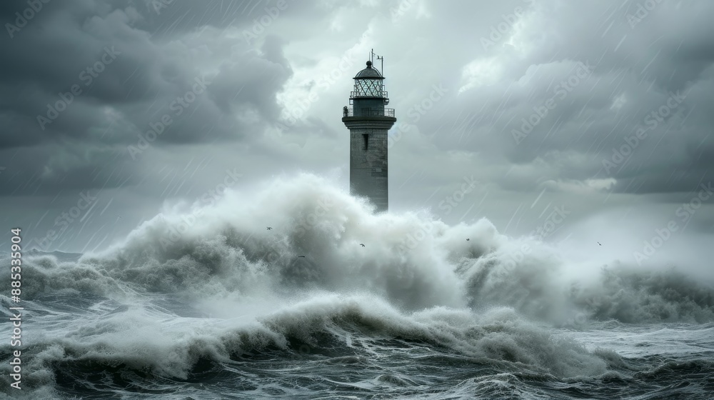 A lighthouse looming over a turbulent sea under a stormy grey sky AI generated illustration A lighthouse looming over a turbulent sea under a stormy grey sky AI generated illustration