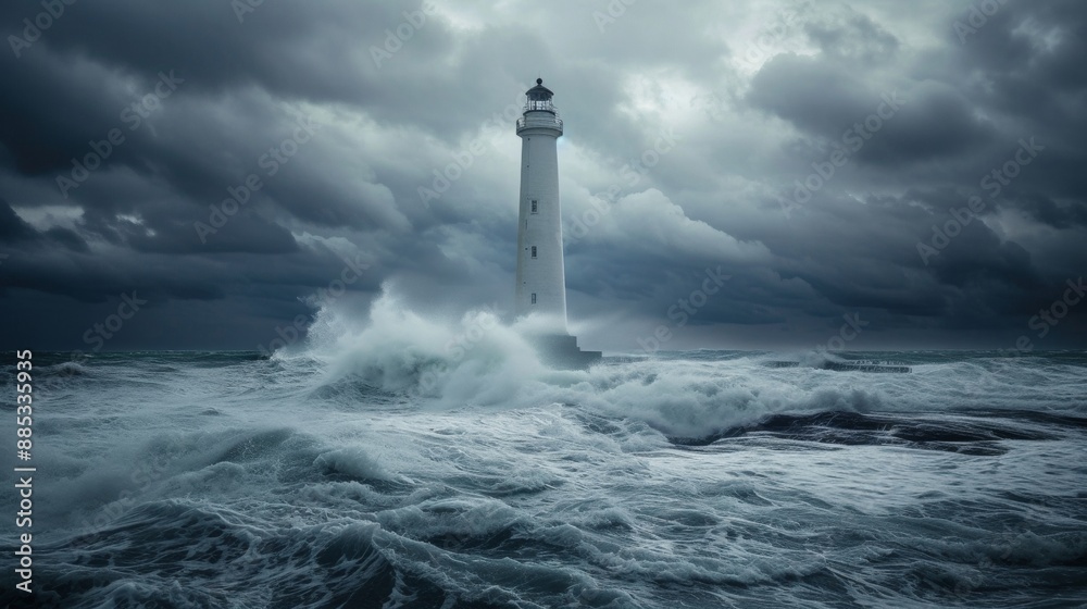 A lighthouse looming over a turbulent sea under a stormy grey sky AI generated illustration A lighthouse looming over a turbulent sea under a stormy grey sky AI generated illustration