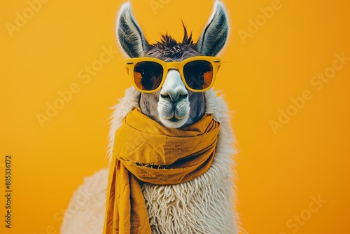 Stock technology created this image. A hippy lama dressed in yellow clothes on a yellow background. The humanization of animals concept is presented here. photo