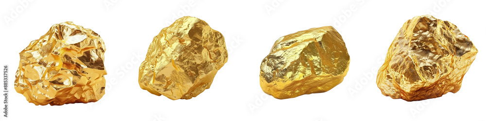 Four raw gold nuggets on a white background, showcasing the natural form and texture of precious metal for mining and jewelry purposes. Four raw gold nuggets on a white background, showcasing the natural form and texture of precious metal for mining and jewelry purposes.