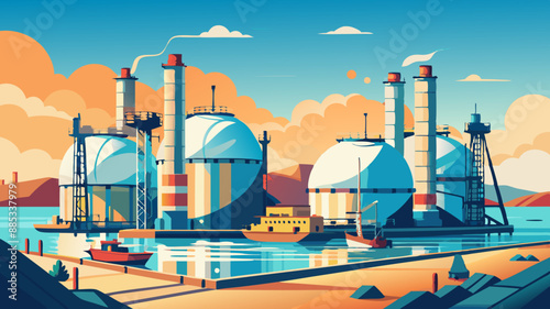 Liquefied Natural Gas (LNG) storage tanks at harbour boat on the sea view of the city from the river refinery at night