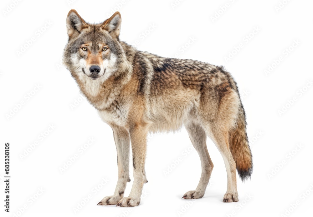 A gray wolf standing sideways against a transparent background, stock photo A gray wolf standing sideways against a transparent background, stock photo