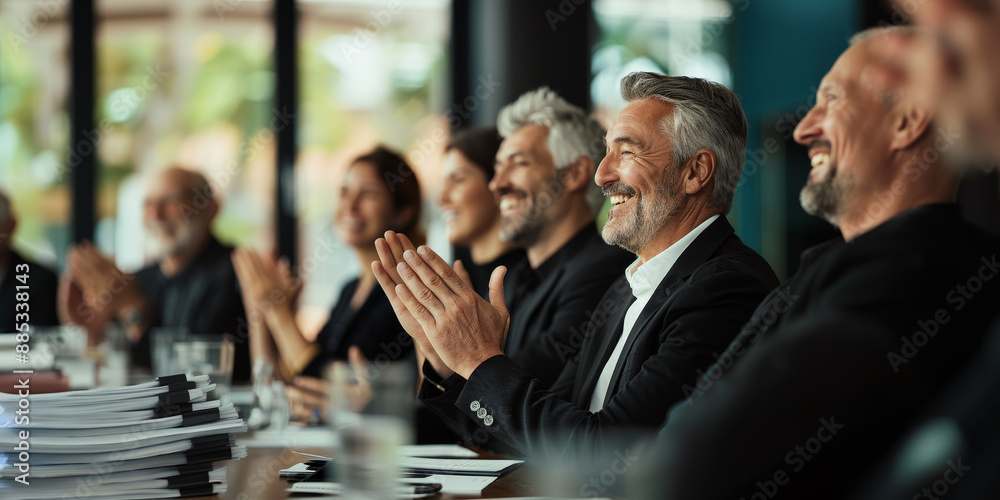 group of racially diverse executives in formal attire applauding during a conference meeting. Their joyful expressions and attentive posture reflect a successful discussion group of racially diverse executives in formal attire applauding during a conference meeting. Their joyful expressions and attentive posture reflect a successful discussion