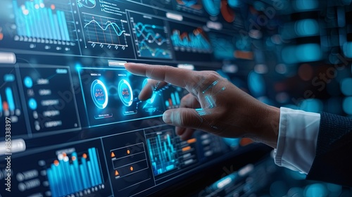 Businessman touch automated data management system to create reports with KPIs and indicators connected to the database. Data analysis with intelligent AI robot technology in business analysis