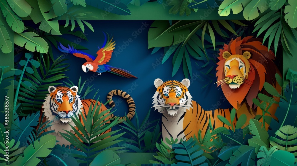Illustration art with wild animals in a jungle forest. Made with generative stock. Illustration art with wild animals in a jungle forest. Made with generative stock.