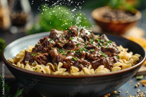 Beef stroganoff with creamy sauce and noodles