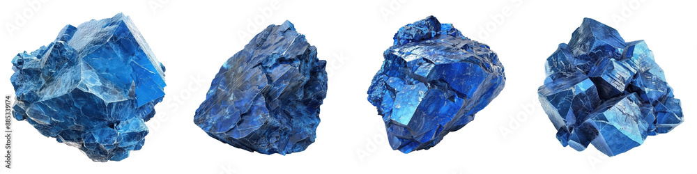 Fototapeta premium High-resolution image of four blue crystals with intricate textures and details, perfect for use in geology, mineralogy, and natural science projects.