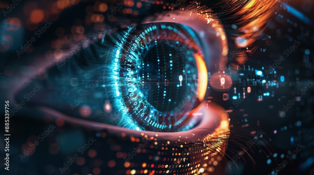 Multicolored iris of the eye animation concept with rainbow lines spreading from a bright binary circle to form a volumetric eye iris and pupil. Multicolored iris of the eye animation concept with rainbow lines spreading from a bright binary circle to form a volumetric eye iris and pupil.