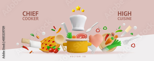 Chief cooker, High cuisine 3D style vector banner, white chef hat with three golden stars, kitchenware, cooking food