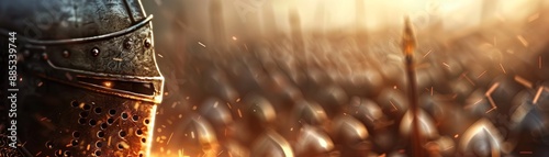 Medieval knight in armor with an army in the background, showcasing a historic battlefield atmosphere at sunrise. photo