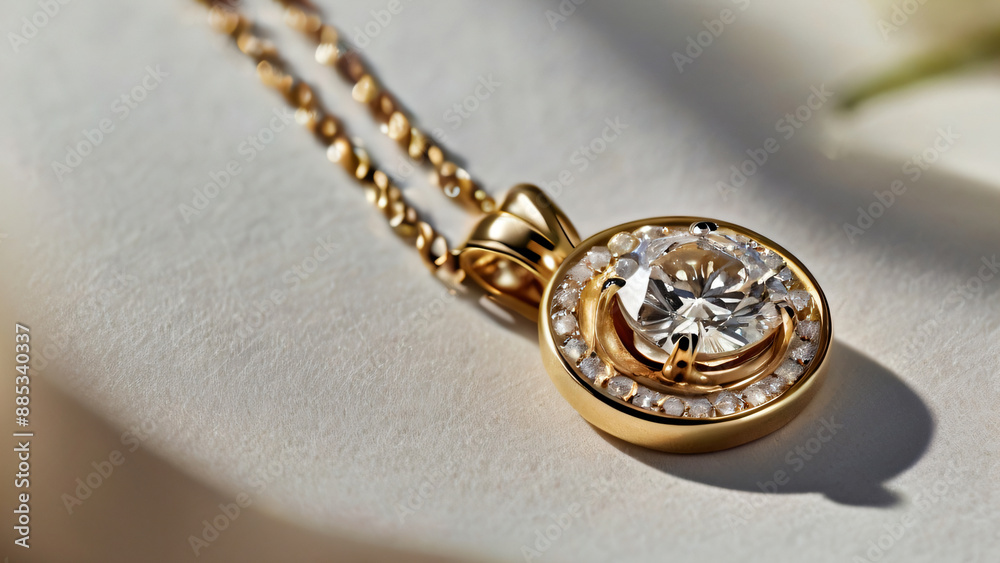 A gold necklace with a single diamond pendant on a grey background. A gold necklace with a single diamond pendant on a grey background.