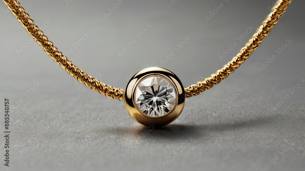 A gold necklace with a single diamond pendant on a grey background. A gold necklace with a single diamond pendant on a grey background.