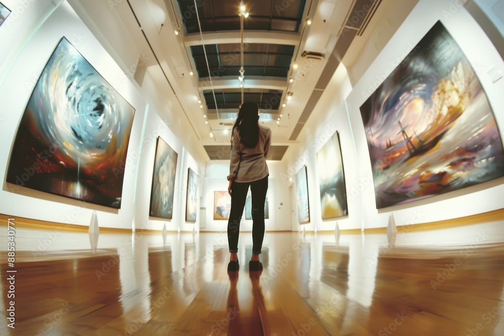 A lone woman stands in a brightly lit art gallery, admiring large, vibrant abstract paintings that adorn the walls, highlighting the beauty and creativity of modern art. A lone woman stands in a brightly lit art gallery, admiring large, vibrant abstract paintings that adorn the walls, highlighting the beauty and creativity of modern art.