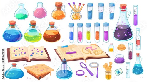 Cartoon Chemistry Set With Flasks, Test Tubes And Other Laboratory Equipment.