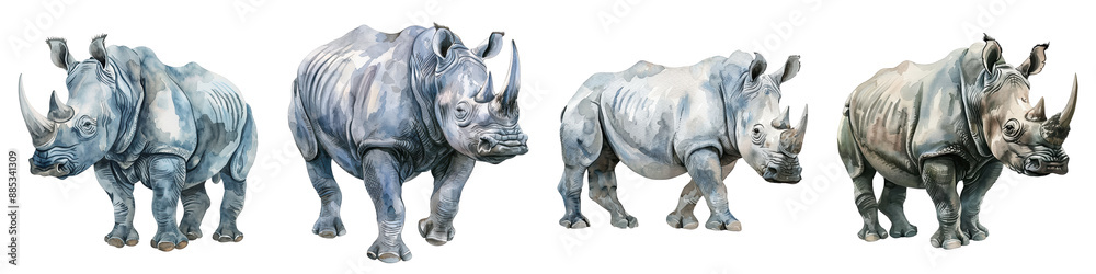 Fototapeta premium Illustration of four rhinoceroses with varying poses. Perfect for educational, wildlife, or artistic purposes.