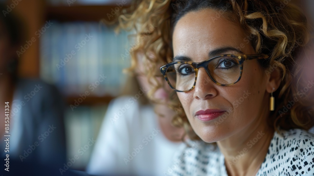 An intelligent woman wearing glasses, seated in a serious pose among books, with colleagues visible in the background, symbolizing knowledge and professionalism in an academic setting. An intelligent woman wearing glasses, seated in a serious pose among books, with colleagues visible in the background, symbolizing knowledge and professionalism in an academic setting.