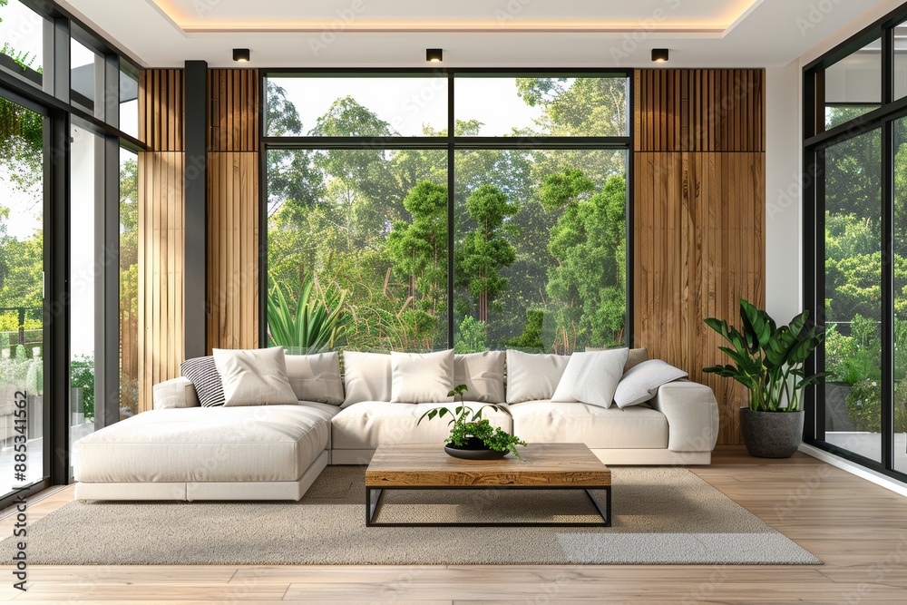 Living room with white linen sofa and plants in modern design Living room with white linen sofa and plants in modern design