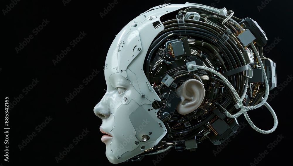 Robot face with a female voice, stock concept. Robot face with a female voice, stock concept.