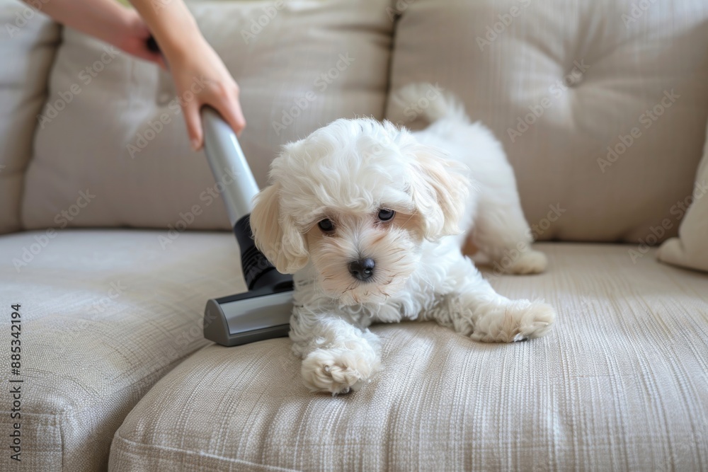 Dog hair and vacuum cleaner, white dog on sofa, hand vacuums beige sofa surface with a Maltipoo puppy Dog hair and vacuum cleaner, white dog on sofa, hand vacuums beige sofa surface with a Maltipoo puppy
