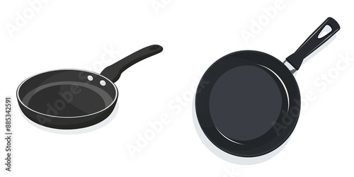 Illustration of two black frying pans with handles on a white background. Kitchen utensil vector image. photo