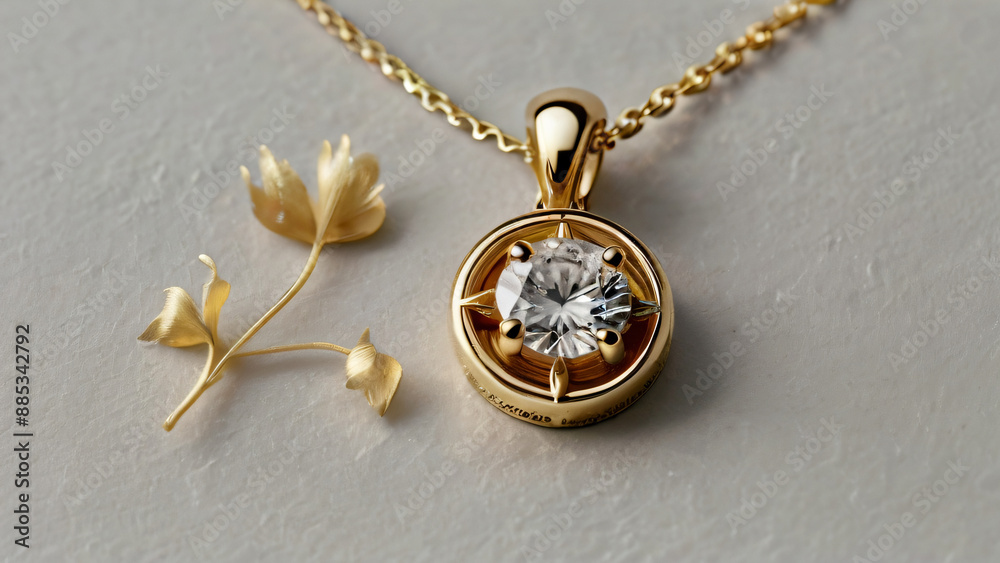 A gold necklace with a single diamond pendant on a grey background. A gold necklace with a single diamond pendant on a grey background.