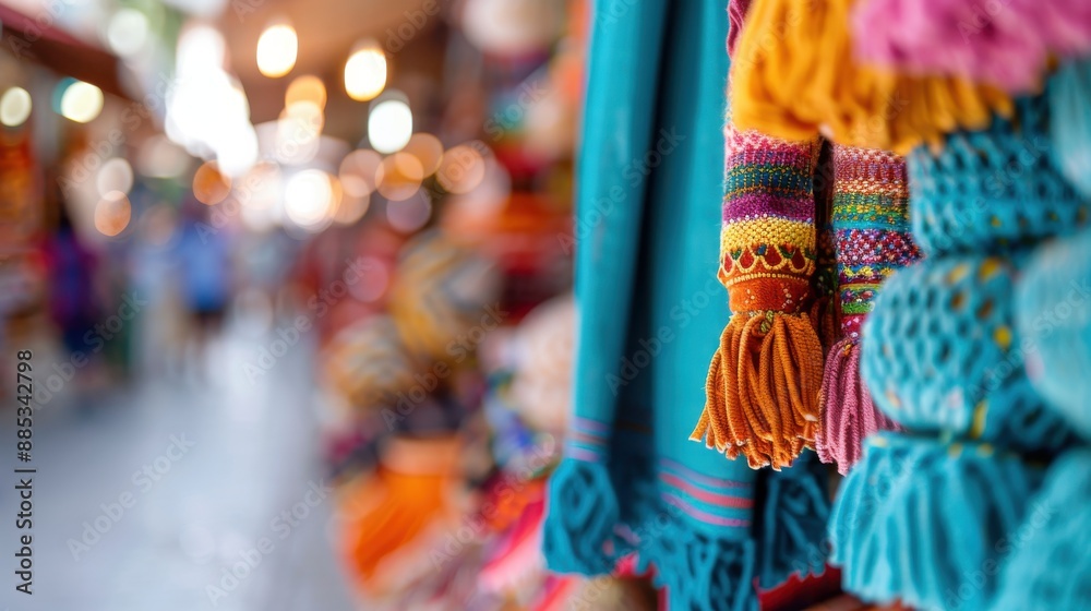 Fototapeta premium An image depicting a colorful market scene with vibrant textiles, including scarves and shawls, hanging and displayed beautifully, evoking a sense of cultural richness and vibrancy.