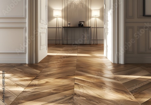 Ultra-realistic, high-resolution image of parquet flooring in an elegant Montreal home, showcasing the texture and detail of wood, bright lighting,
