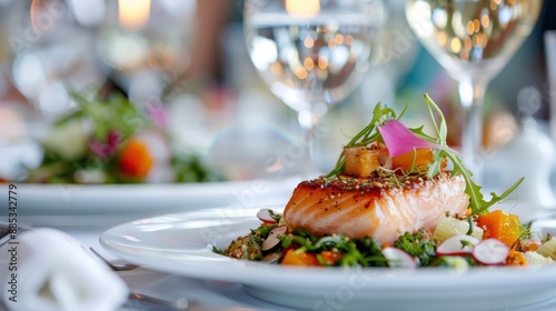 A beautifully presented gourmet salmon dish on a white plate, garnished with fresh vegetables and microgreens, served in an upscale restaurant setting with wine glasses visible.