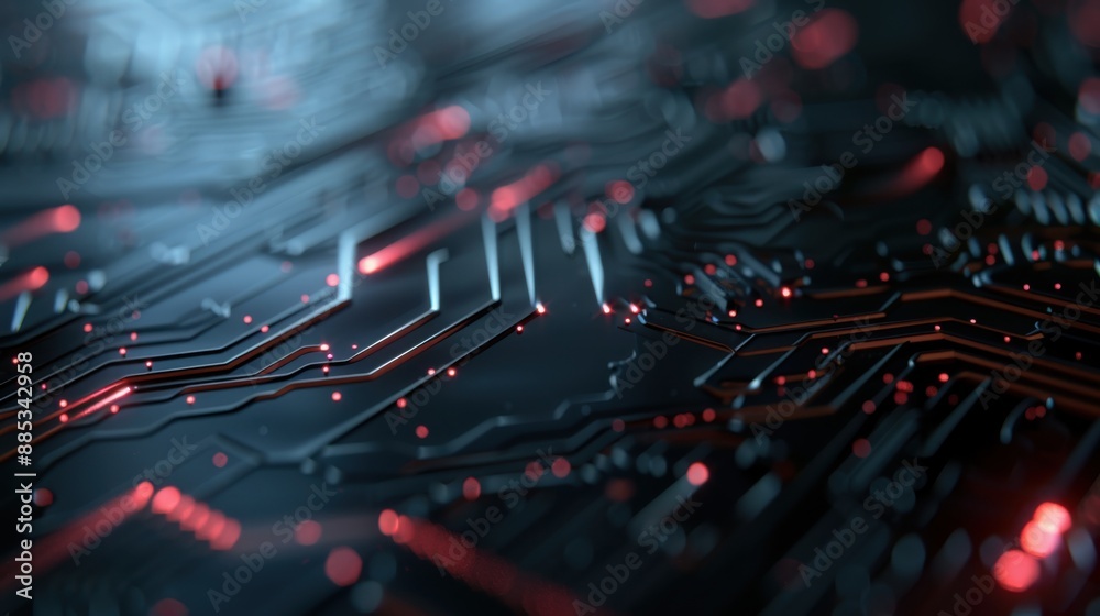 Obraz premium This image shows a close-up of a circuit board featuring intricate pathways and glowing red elements, symbolizing technology and electronic connections.