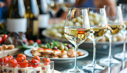 catering services background with snacks and glasses of wine on bartender counter in restaurant