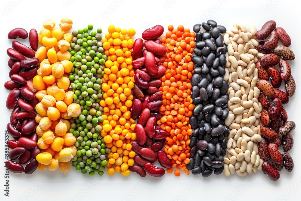 Colorful variety of beans and lentils arranged in horizontal rows Colorful variety of beans and lentils arranged in horizontal rows