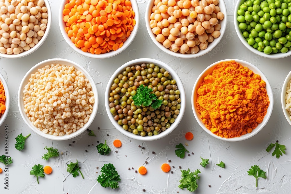 Colorful Variety of Lentils Grains and Spices in White Bowls Colorful Variety of Lentils Grains and Spices in White Bowls