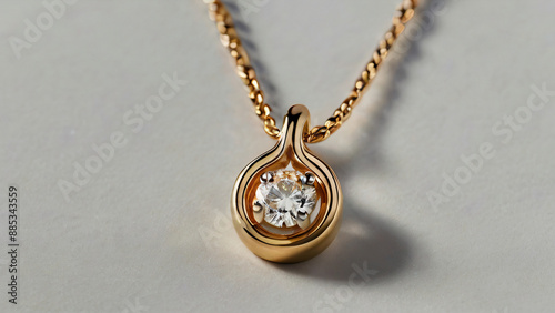 A gold necklace with a single diamond pendant on a grey background.