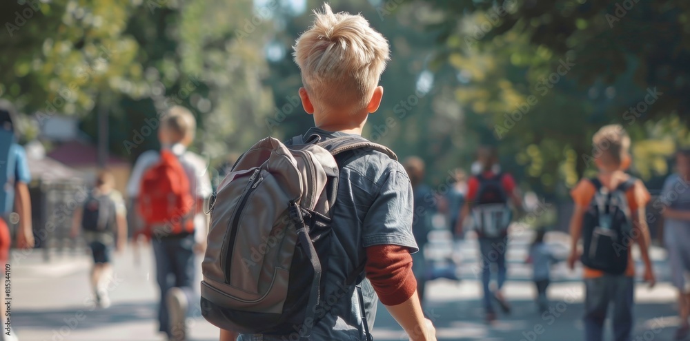 Boy carrying backpack on way to school. Back to school concept. Stock photo Boy carrying backpack on way to school. Back to school concept. Stock photo