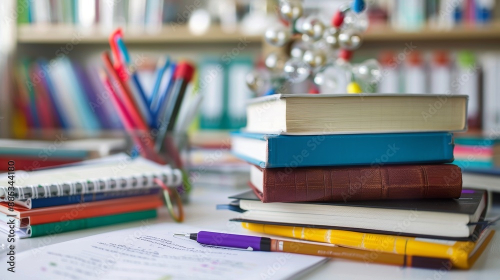 Stack of Books on Desk with Pen. Stack of Books on Desk with Pen.
