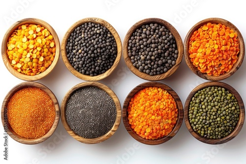 Various types of lentils in wooden bowls on a white background © MeyKitchen