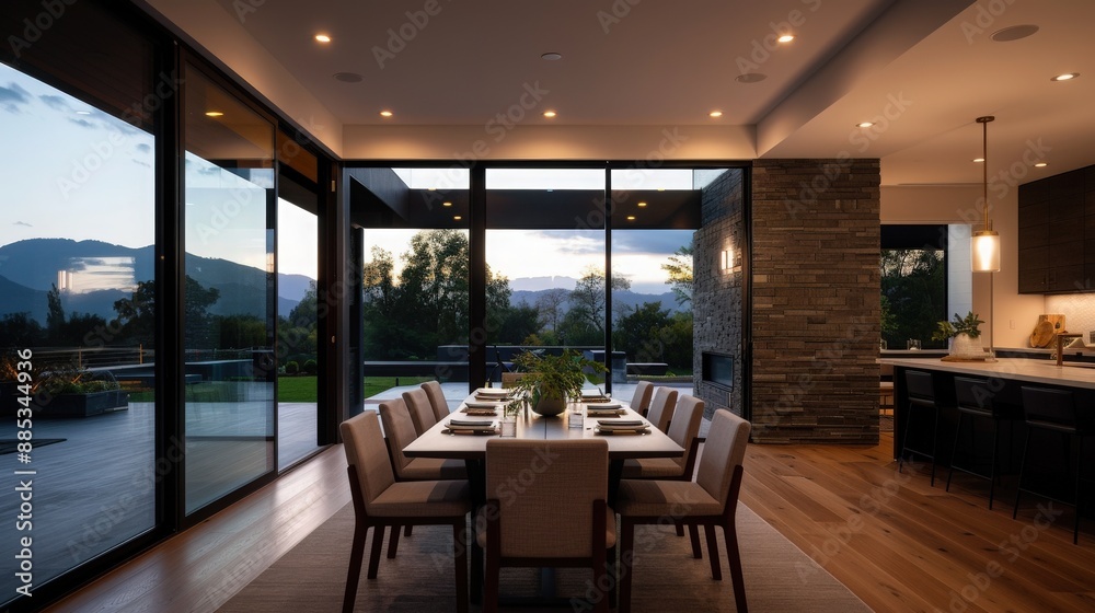 Modern dining area with breathtaking mountain view, featuring large windows, elegant furniture, and ambient lighting in a luxury home setting. Modern dining area with breathtaking mountain view, featuring large windows, elegant furniture, and ambient lighting in a luxury home setting.