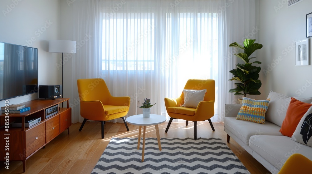 Modern living room with yellow chairs, a white sofa, and a chevron rug, illuminated by natural light from large windows. Modern living room with yellow chairs, a white sofa, and a chevron rug, illuminated by natural light from large windows.