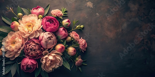 Fototapeta Naklejka Na Ścianę i Meble -  Vintage card with peonies and alstroemerias on dark background, vintage, card, peonies, alstroemerias, dark, background