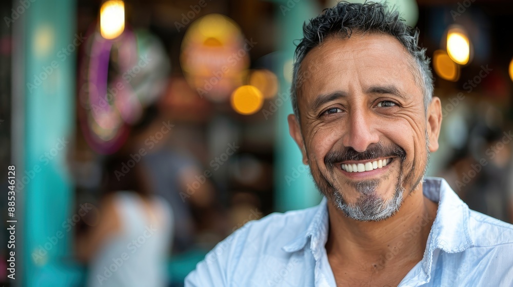 A cheerful man with a graying beard and casual shirt smiles warmly at the camera, set against a blurred backdrop of lights and activity in a lively environment. A cheerful man with a graying beard and casual shirt smiles warmly at the camera, set against a blurred backdrop of lights and activity in a lively environment.