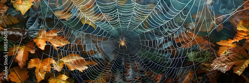 An arthropods spider web made of natural material is intricately woven among leaves in a forest, creating a beautiful pattern while capturing insects for the terrestrial animal