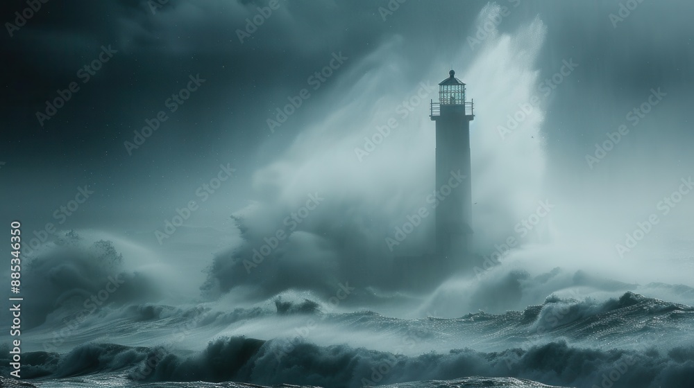 A dramatic and clear photo of a lighthouse standing strong against a backdrop of stormy seas and pouring rain A dramatic and clear photo of a lighthouse standing strong against a backdrop of stormy seas and pouring rain