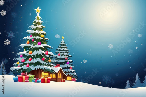 Winter Christmas background with snowflakes and pine trees 