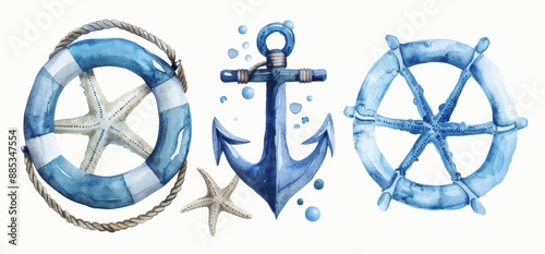 Ship navigation equipment set. Watercolor blue white lifebuoy, anchor, rope knot, starfish. Ship navigation clipart collection. Isolated elements of marine design.