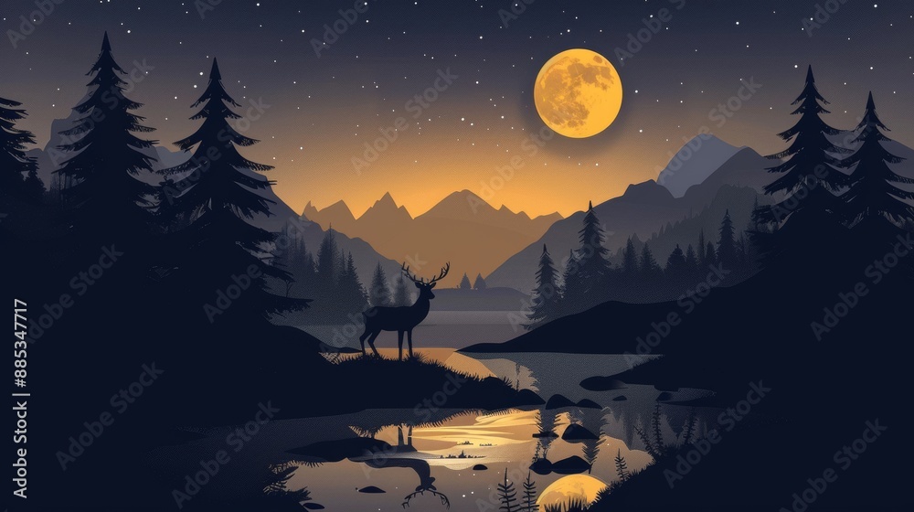 An interior mural painting with a golden background with dark blue forest trees, deers, birds, and mountains.