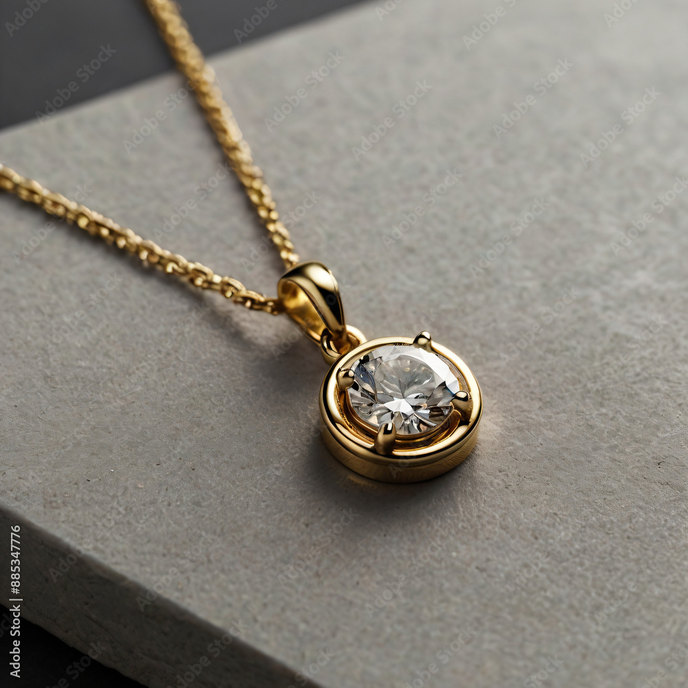 A gold necklace with a single diamond pendant on a grey background. A gold necklace with a single diamond pendant on a grey background.