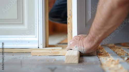 A carpenter's hand places a wooden shim to level a door frame during a home renovation project. photo