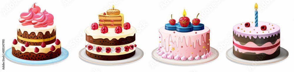 A collection of modern birthday cake icons isolated on a transparent background A collection of modern birthday cake icons isolated on a transparent background